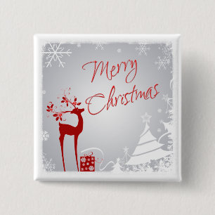 Macaron Carré 5 Cm Rouge, Gris Joyeux Cerf de Noël, Arbres, Bouton de