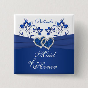 Macaron Carré 5 Cm Royal Blue, Blanc Floral Maid of Honor Pin