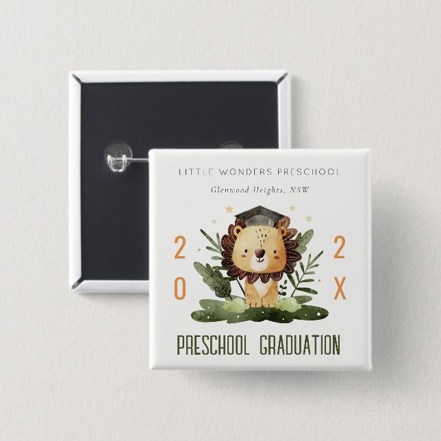 Macaron Carré 5 Cm Rustic Cute Kids Lion Foliage Préscolaire Graduati (Devant & derrière)