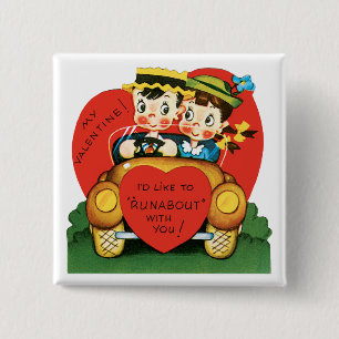 Macaron Carré 5 Cm Saint Valentin, Vintage fille et garçon en voiture