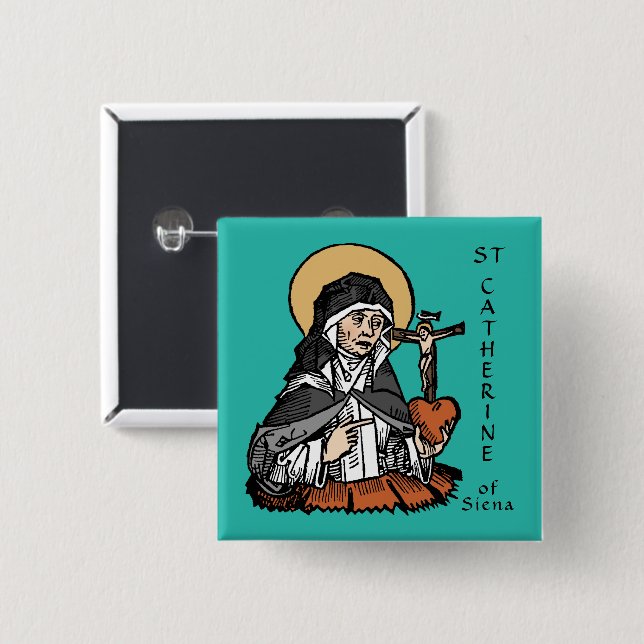 Macaron Carré 5 Cm Sainte Catherine de Sienne avec Coeur Crucifix (Devant & derrière)