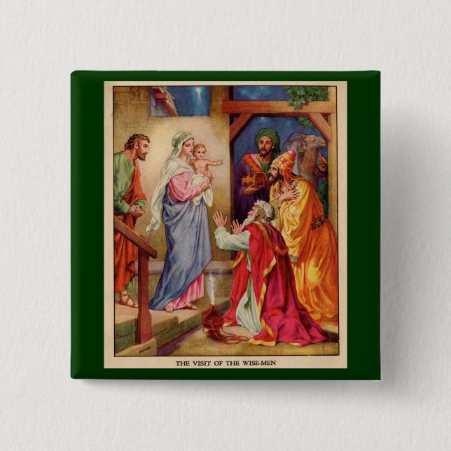 Macaron Carré 5 Cm Scène Wisemen de nativité de Noël (Devant)