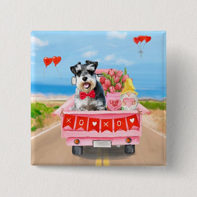 Macaron Carré 5 Cm Schnauzer Chien Saint Valentin Coeurs de camion (Devant)