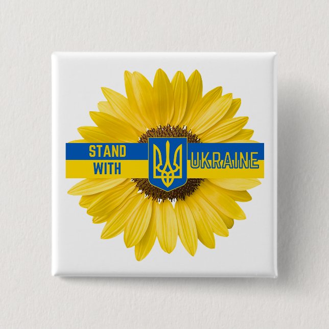 Macaron Carré 5 Cm Se tenir avec Ukraine Sunflower et Trident Button (Devant)
