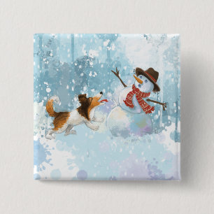 Macaron Carré 5 Cm Sheldon le Sheltie et le Bonhomme de Neige