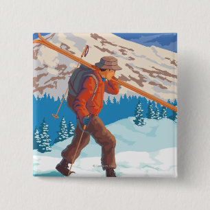 Macaron Carré 5 Cm Skier transportant ski de neige - Vintage voyage
