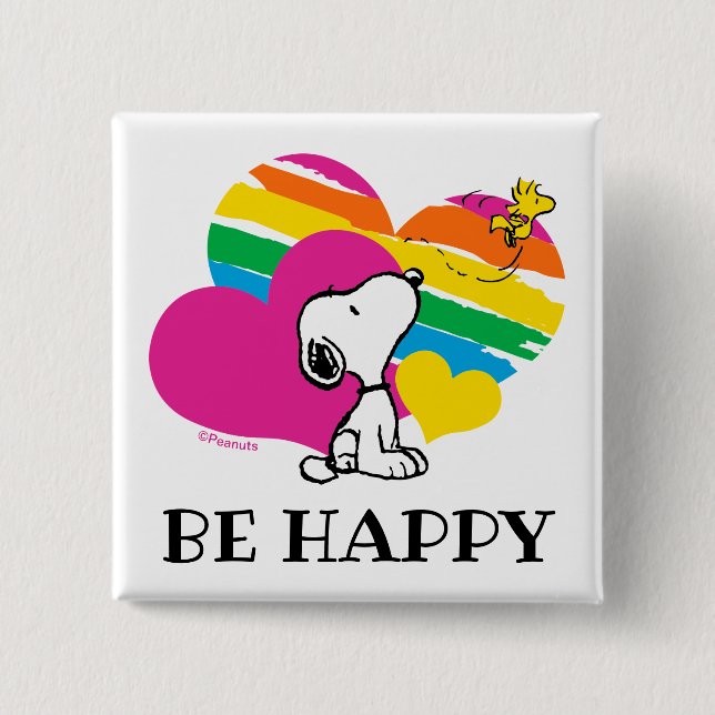 Macaron Carré 5 Cm Snoopy et Woodstock | Coeurs arc-en-ciel (Devant)