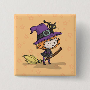 Macaron Carré 5 Cm Sorcière de Halloween et bouton mignons du chat  