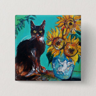 Macaron Carré 5 Cm SOUFFLE AVEC CHAT NOIR, Jaune Turquoise Bleu