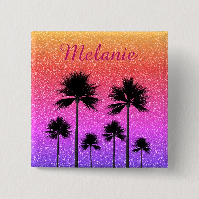 Macaron Carré 5 Cm Sparkly Palm Trees Gradient Sunset Personalised (Devant)