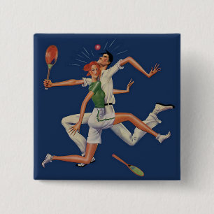 Macaron Carré 5 Cm Sports Vintage, Joueurs de Tennis se Heurtent avec