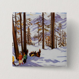 Macaron Carré 5 Cm St. Moritz Vintage Skiers Élégance Alpine Art
