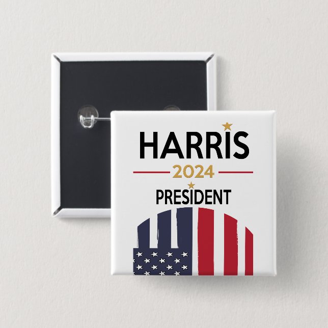 Macaron Carré 5 Cm Stars and Stripes Kamala Harris pour Président 202 (Devant & derrière)