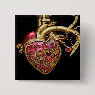 Macaron Carré 5 Cm Steampunk Coeur Anatomique rubis et engrenages