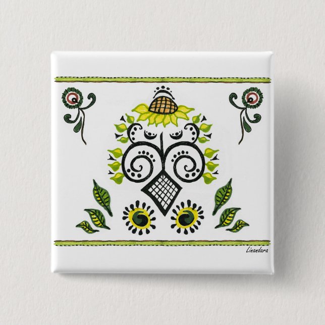 Macaron Carré 5 Cm Sunflower Folk Motif par Alexandra Cook (Devant)