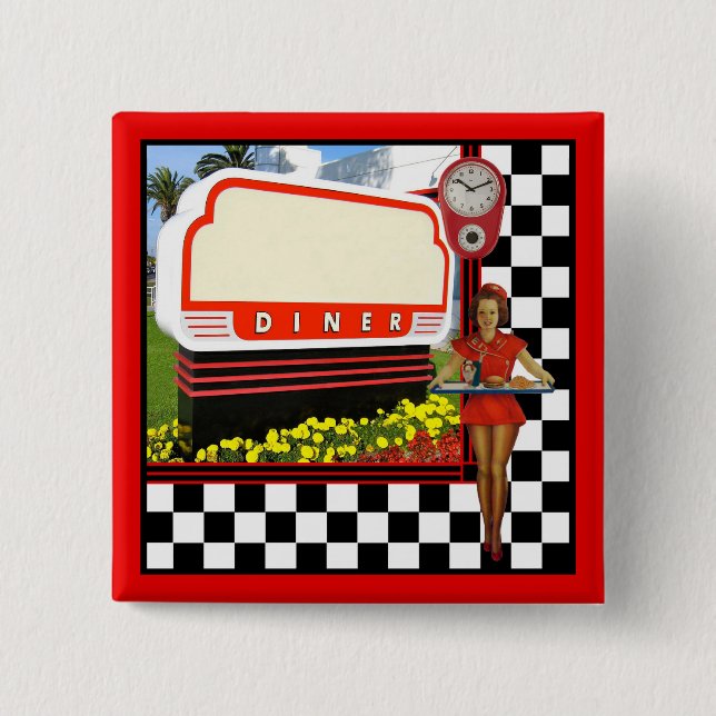Macaron Carré 5 Cm Symbole blanc les années 50 Retro Diner (Devant)