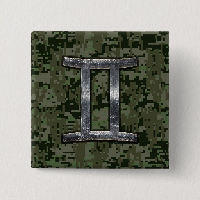 Macaron Carré 5 Cm Symbole de zodiaque de Gémeaux sur le camouflage (Devant)