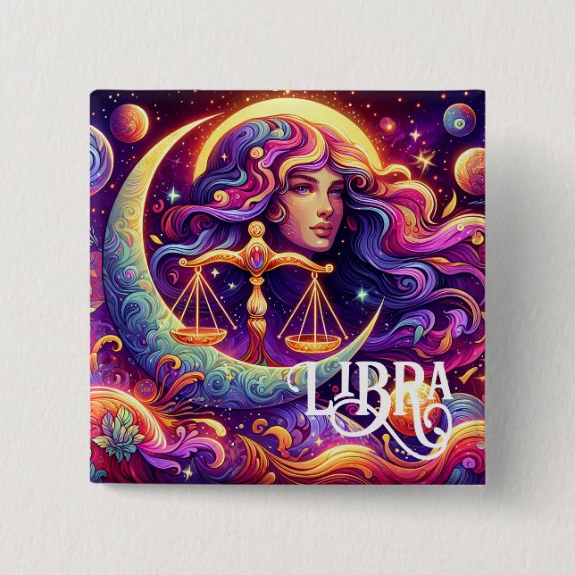 Macaron Carré 5 Cm Symbole Horoscope Libra Zodiac Ethérée Art Mystiqu (Devant)