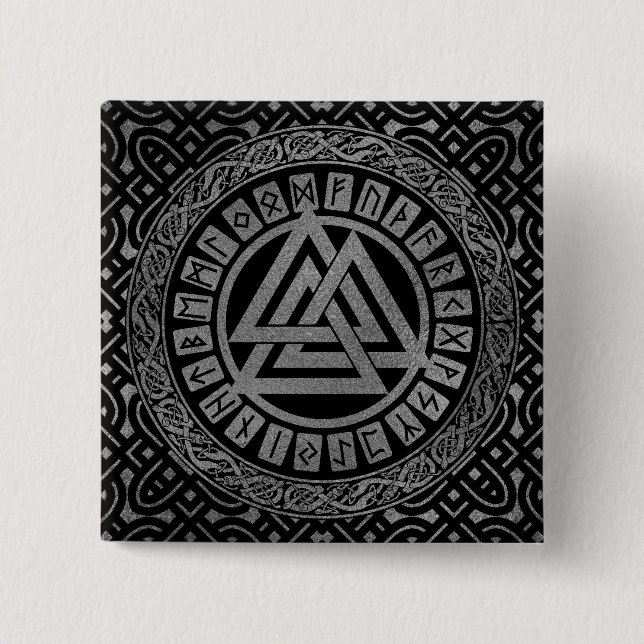 Macaron Carré 5 Cm Symbole métallique argenté de Valknut sur le motif (Devant)