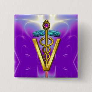 Macaron Carré 5 Cm SYMBOLE VÉTÉRINAIRE DE GOLDEN CADUCEUS / Fuchsia p
