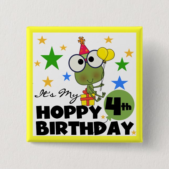 Macaron Carré 5 Cm T-shirts et cadeaux 4th Birthday Frog Hoppy (Devant)