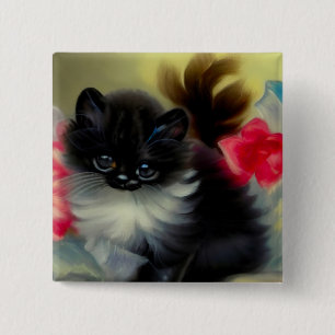 Macaron Carré 5 Cm Tableau vintage de chaton noir et blanc