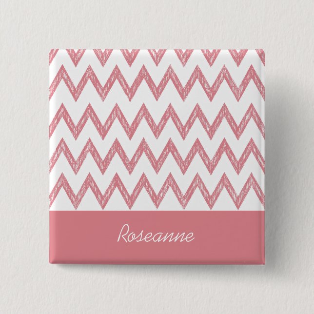 Macaron Carré 5 Cm Tendance crayon rose Chevron Zigzags avec nom (Devant)