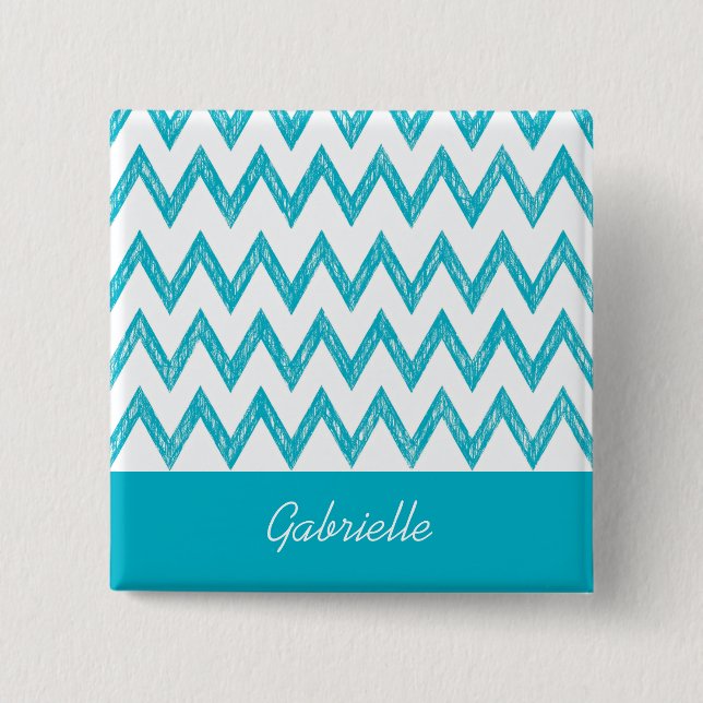 Macaron Carré 5 Cm Tendance Crayon Turquoise Chevron Zigzags Avec Nom (Devant)
