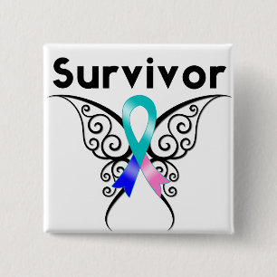 Macaron Carré 5 Cm Thyroïde Cancer Survivant Papillon Tribal