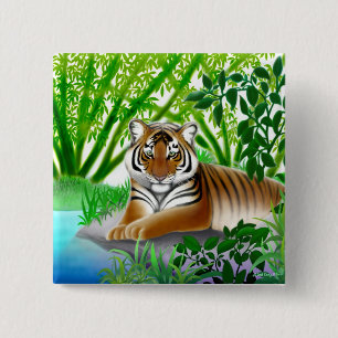 Macaron Carré 5 Cm Tigre paisible dans le Pin en bambou de jungle