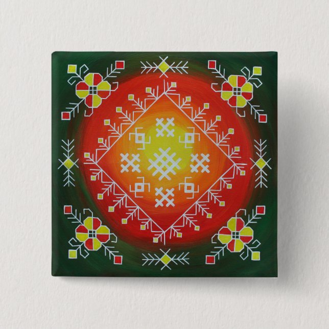 Macaron Carré 5 Cm Traditional Latvian folk art with symbols painting (Devant)