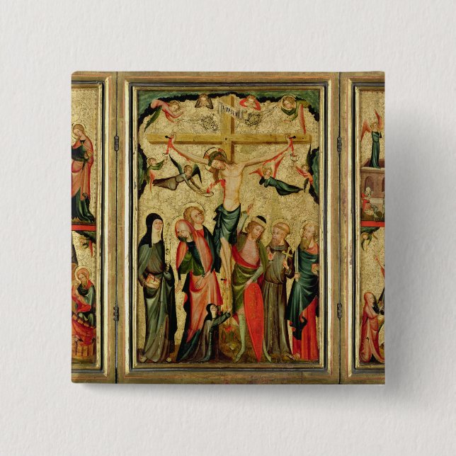 Macaron Carré 5 Cm Triptyque dépeignant la crucifixion du Christ (Devant)