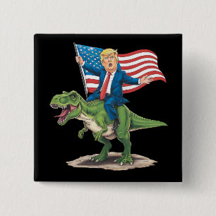 Macaron Carré 5 Cm Trump à cheval sur un dinosaure T Rex drapeau amér