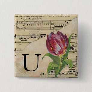 Macaron Carré 5 Cm Tulipe violet feuille de musique Monogramme initia