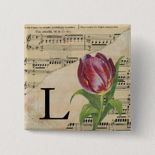 Macaron Carré 5 Cm Tulipe violette Feuille de musique Monogramme init