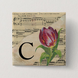 Macaron Carré 5 Cm Tulipe violette Feuille de musique Monogramme init