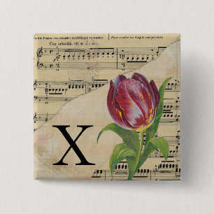 Macaron Carré 5 Cm Tulipe violette Feuille de musique Monogramme init