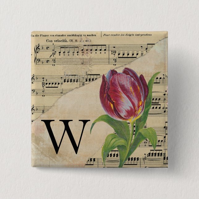 Macaron Carré 5 Cm Tulipe violette feuille musique Monogramme initial (Devant)