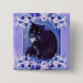 Macaron Carré 5 Cm Tuxedo cat with flowers art by Renee