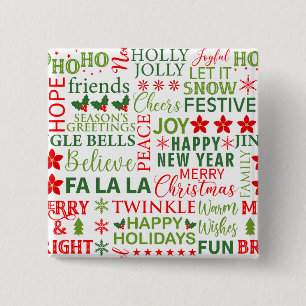 Macaron Carré 5 Cm Typographie de Noël Rouge & Vert Motif sans coutur