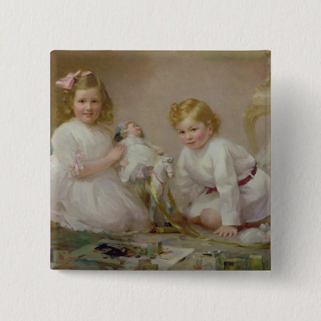 Macaron Carré 5 Cm Un frère et une soeur jouant, 1915 (Devant)