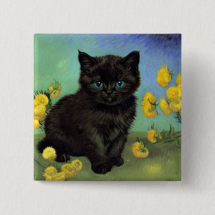 Macaron Carré 5 Cm Van Gogh Chat noir Fleurs jaunes