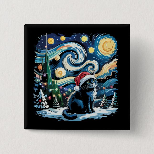 Macaron Carré 5 Cm Van Gogh Starry Nuit Festive Noël Chat Noir (Devant)