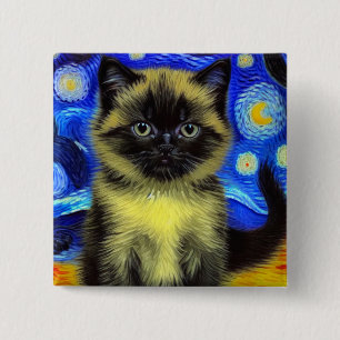 Macaron Carré 5 Cm Van Gogh Starry Nuit Siamese Cat
