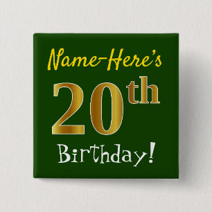 Macaron Carré 5 Cm Vert, Faux Gold 20e anniversaire, avec nom personn