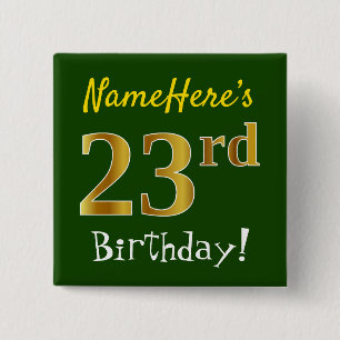 Macaron Carré 5 Cm Vert, Faux Gold 23e anniversaire, avec nom personn