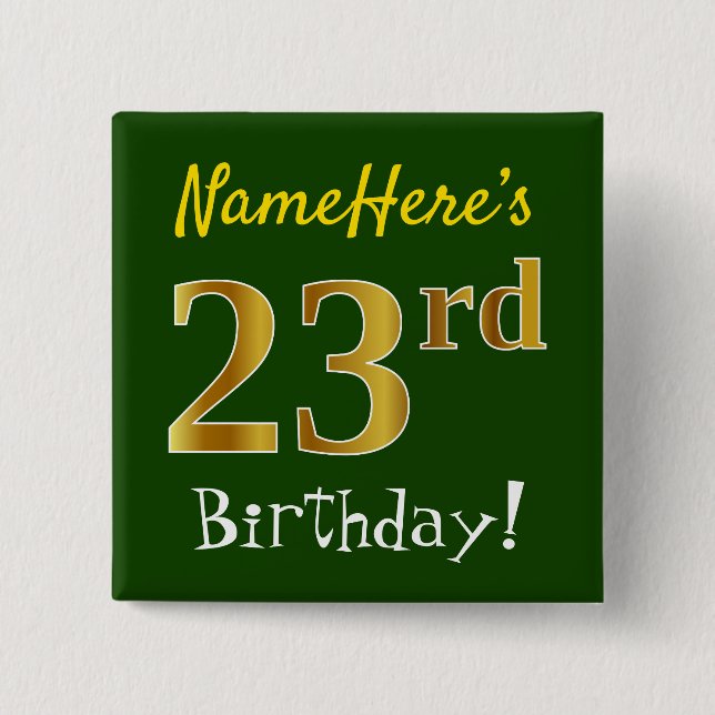 Macaron Carré 5 Cm Vert, Faux Gold 23e anniversaire, avec nom personn (Devant)