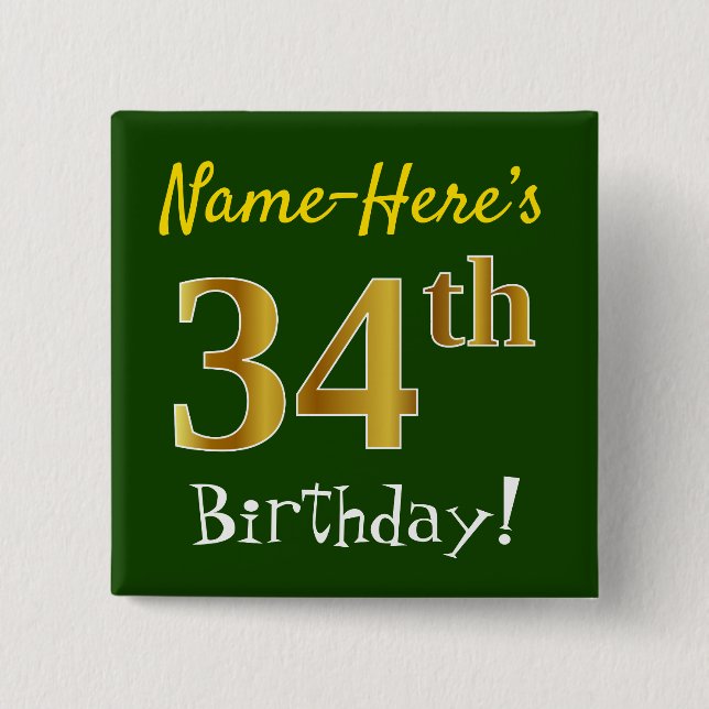Macaron Carré 5 Cm Vert, Faux Gold 34e anniversaire, avec nom personn (Devant)