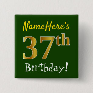 Macaron Carré 5 Cm Vert, Faux Gold 37e anniversaire, avec nom personn