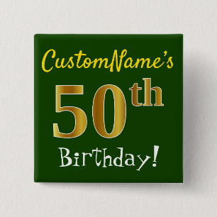 Macaron Carré 5 Cm Vert, Faux Gold 50e Anniversaire, Avec Nom Personn